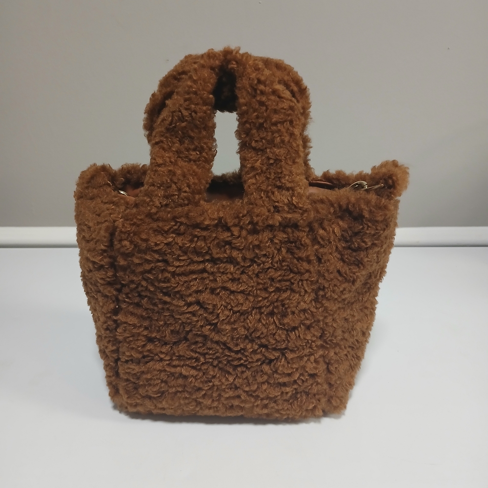 New! Brown Faux Fur Teddy Feel Mini Tote Bag Tiny Purse Bucket Bag W/ Gold Chain